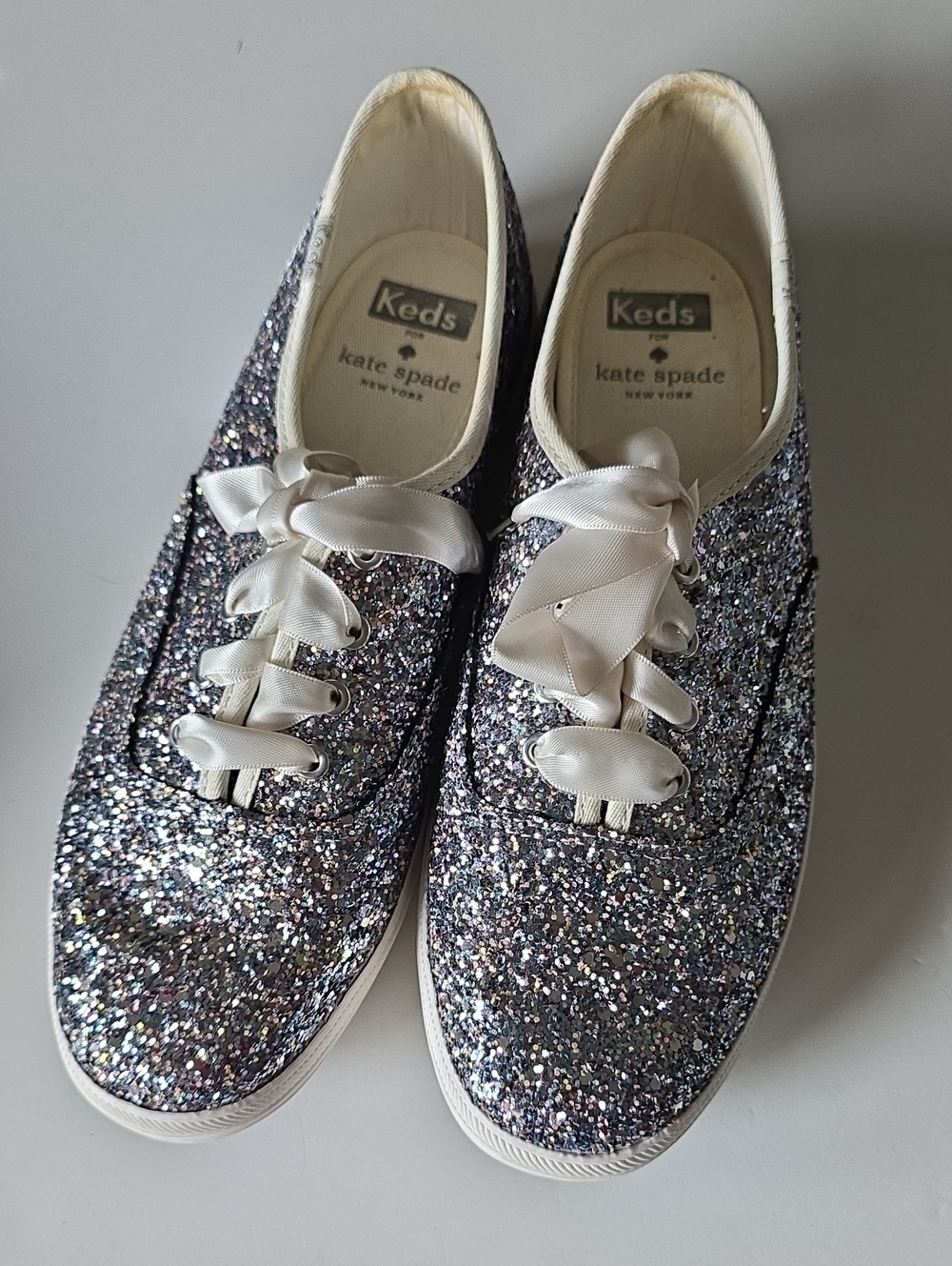Ked's By Kate Spade Silver Glitter Sneakers with Satin Ribbon Laces